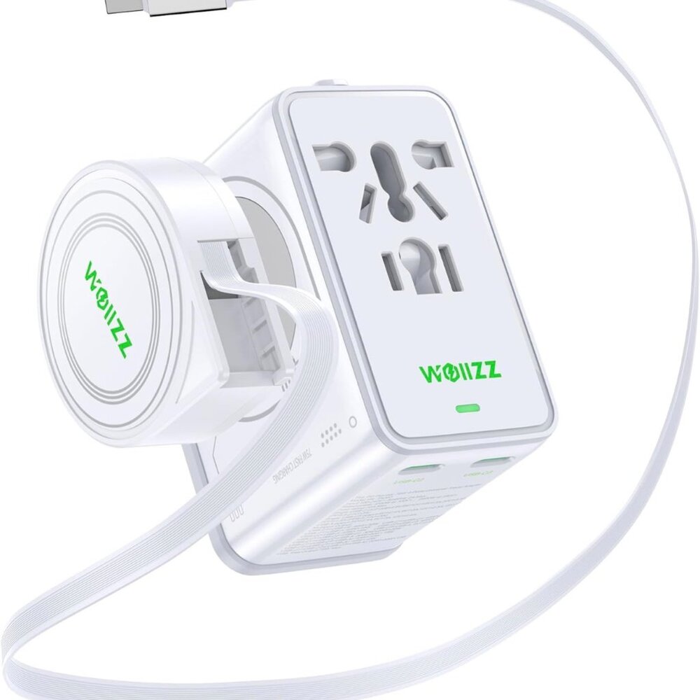 75W Tiny Universal Travel Adapter with 70cm Retractable Cable, GaN Fast Charging